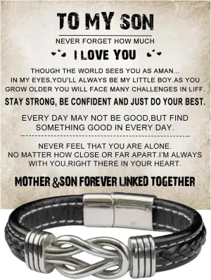 To My Son Bracelet From Dad/Mom,Personalized Engraved Name Custome Leather Stainless Steel Infinity Bracelets,Gifts for Grandson/Husband/Man/Boyfriend