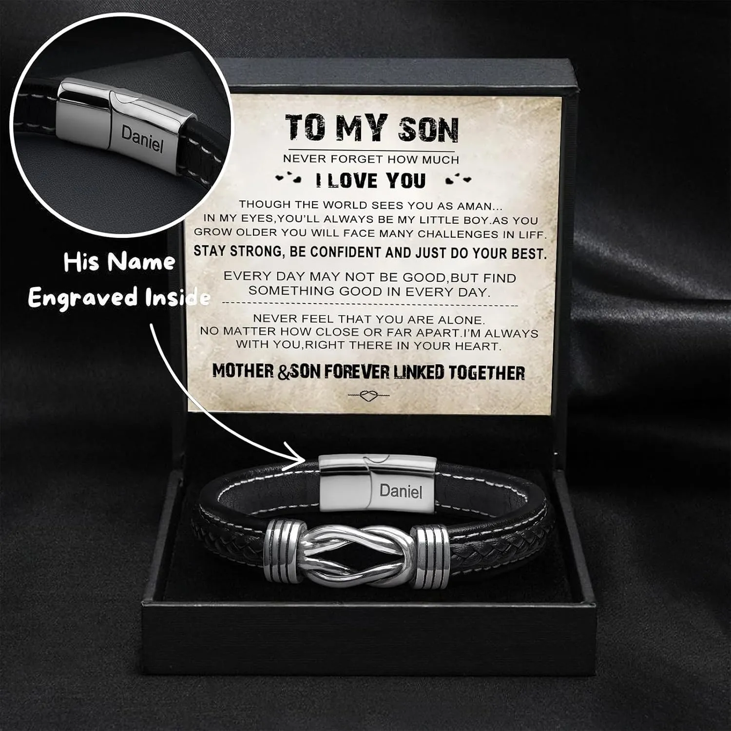 To My Son Bracelet From Dad/Mom,Personalized Engraved Name Custome Leather Stainless Steel Infinity Bracelets,Gifts for Grandson/Husband/Man/Boyfriend