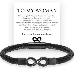 To My Wife, Feel My Love Infinity Leather Bracelet, Personalized Dual Name Infinity Leather Bracelet, Personalized Custom Name Bracelet for Women, Wife Gifts from Husband