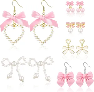 Tondiamo 6 Pairs Coquette Bow Earrings for Women, Pink Bow Pearl Drop Dangle Earrings Pearl Rhinestone Drop Dangle Eardrop Shoujo Aesthetic Gold Jewelry Accessory Gifts for Wedding Party