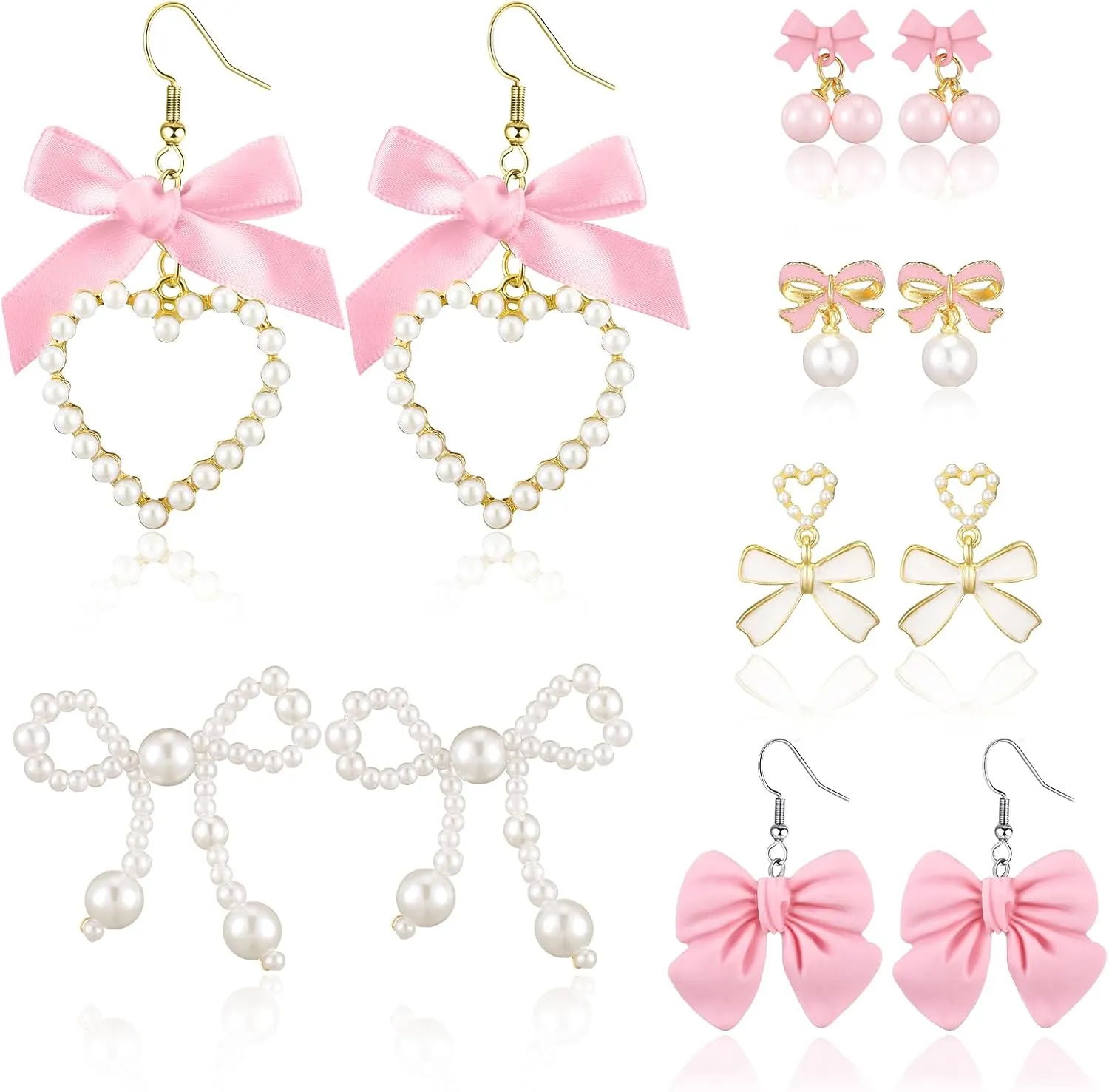 Tondiamo 6 Pairs Coquette Bow Earrings for Women, Pink Bow Pearl Drop Dangle Earrings Pearl Rhinestone Drop Dangle Eardrop Shoujo Aesthetic Gold Jewelry Accessory Gifts for Wedding Party