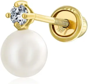 Traditional Tiny Minimalist CZ Accent Real 10-14K Gold White Freshwater Cultured Pearl Stud Earrings Helix Cartilage Ear Lobe For Women Screw Back