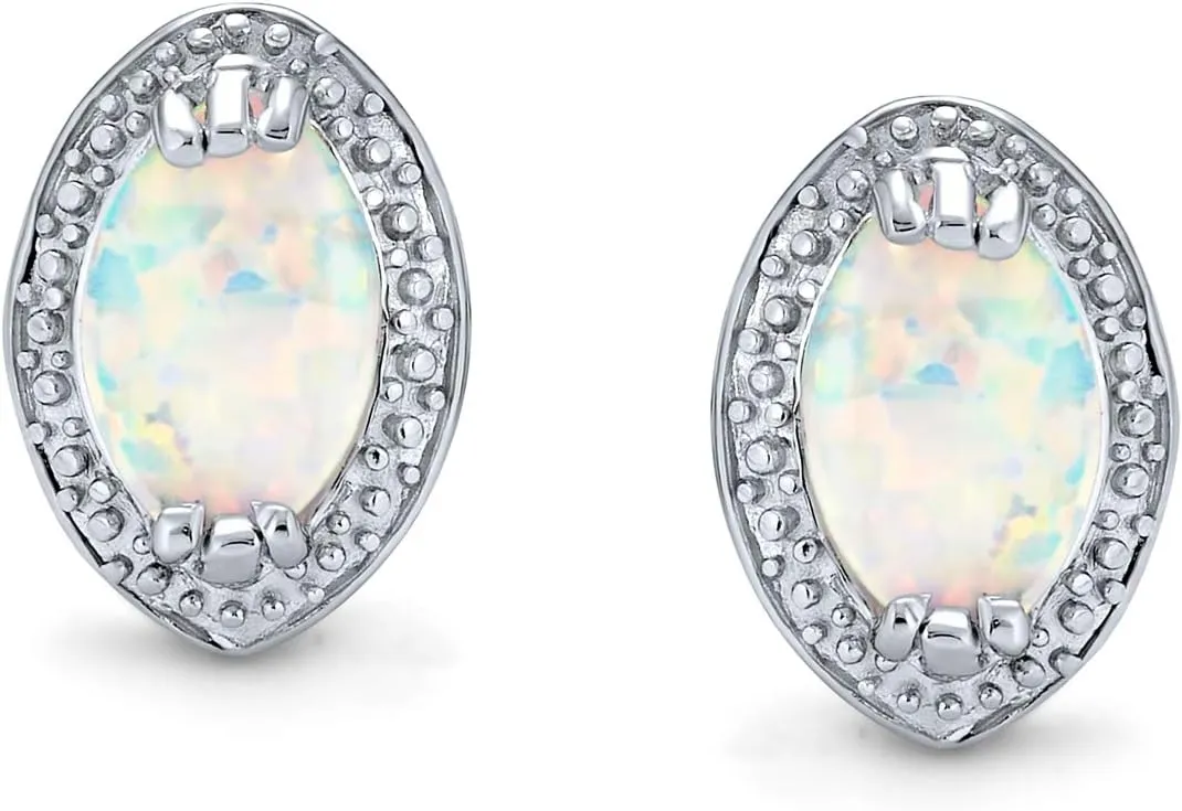 Traditional Victorian Style White Teardrop Oval Created Opal Stud Earrings For Women .925 Sterling Silver Halo October Birthstone