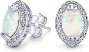 Traditional Victorian Style White Teardrop Oval Created Opal Stud Earrings For Women .925 Sterling Silver Halo October Birthstone