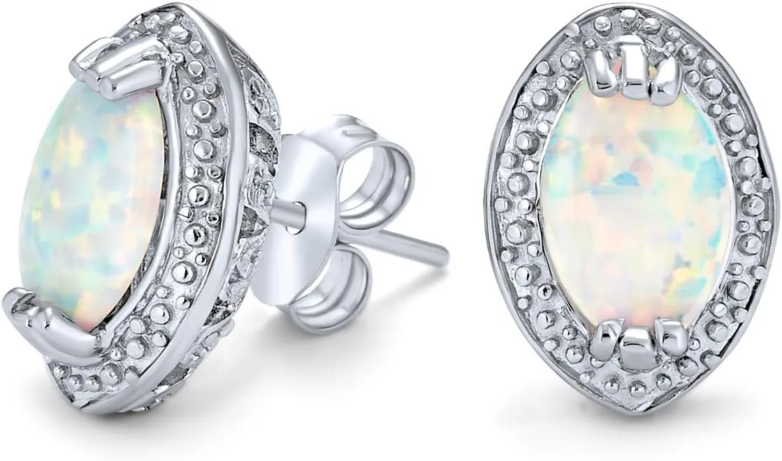 Traditional Victorian Style White Teardrop Oval Created Opal Stud Earrings For Women .925 Sterling Silver Halo October Birthstone