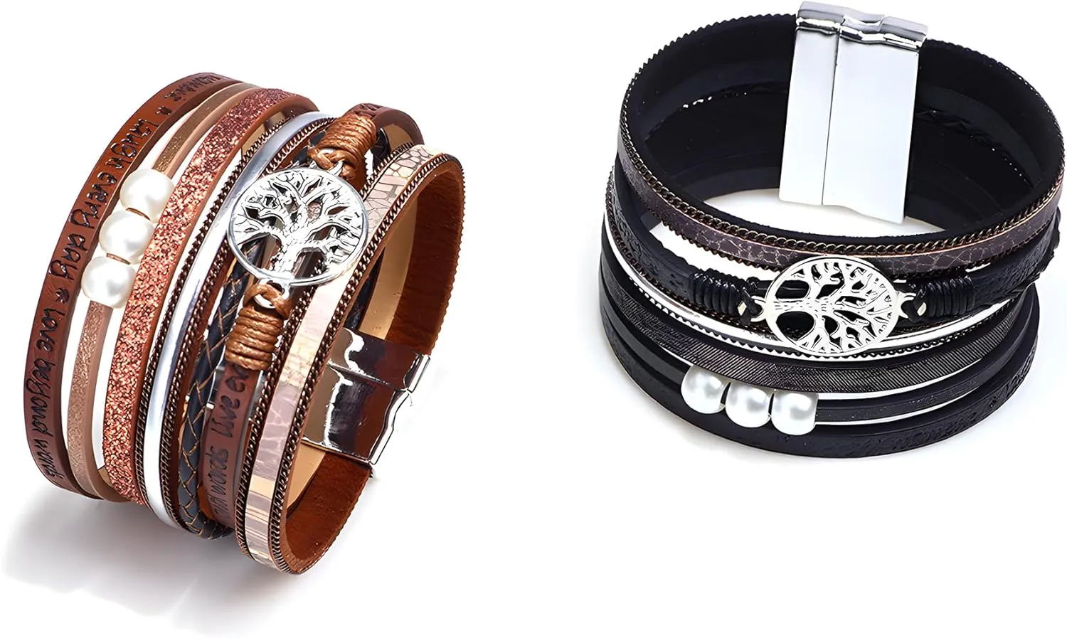 Tree of Life Wrap Bracelet for Women, Multi-Layer Braided Leather Pearl Crystal Beads Boho Cuff Bangle Stackable Bohemian Anniversary Mother's Day Birthday Christmas Jewelry Gifts for Her