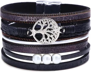 Tree of Life Wrap Bracelet for Women, Multi-Layer Braided Leather Pearl Crystal Beads Boho Cuff Bangle Stackable Bohemian Anniversary Mother's Day Birthday Christmas Jewelry Gifts for Her