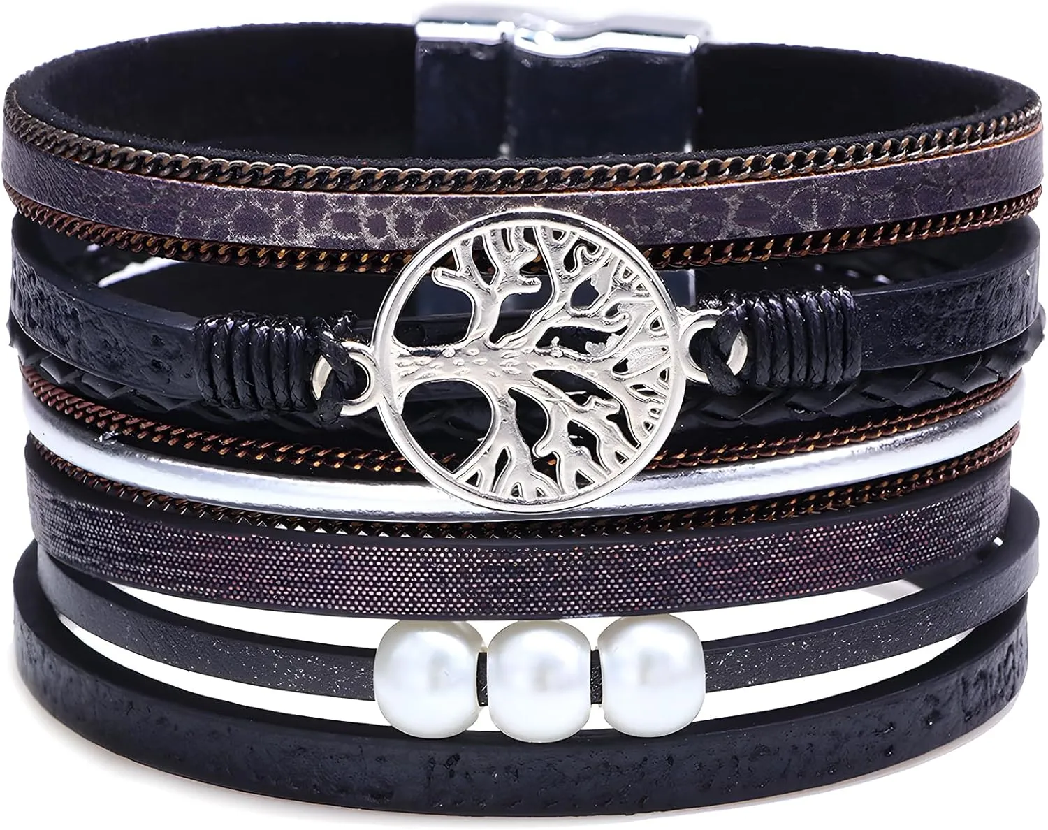 Tree of Life Wrap Bracelet for Women, Multi-Layer Braided Leather Pearl Crystal Beads Boho Cuff Bangle Stackable Bohemian Anniversary Mother's Day Birthday Christmas Jewelry Gifts for Her