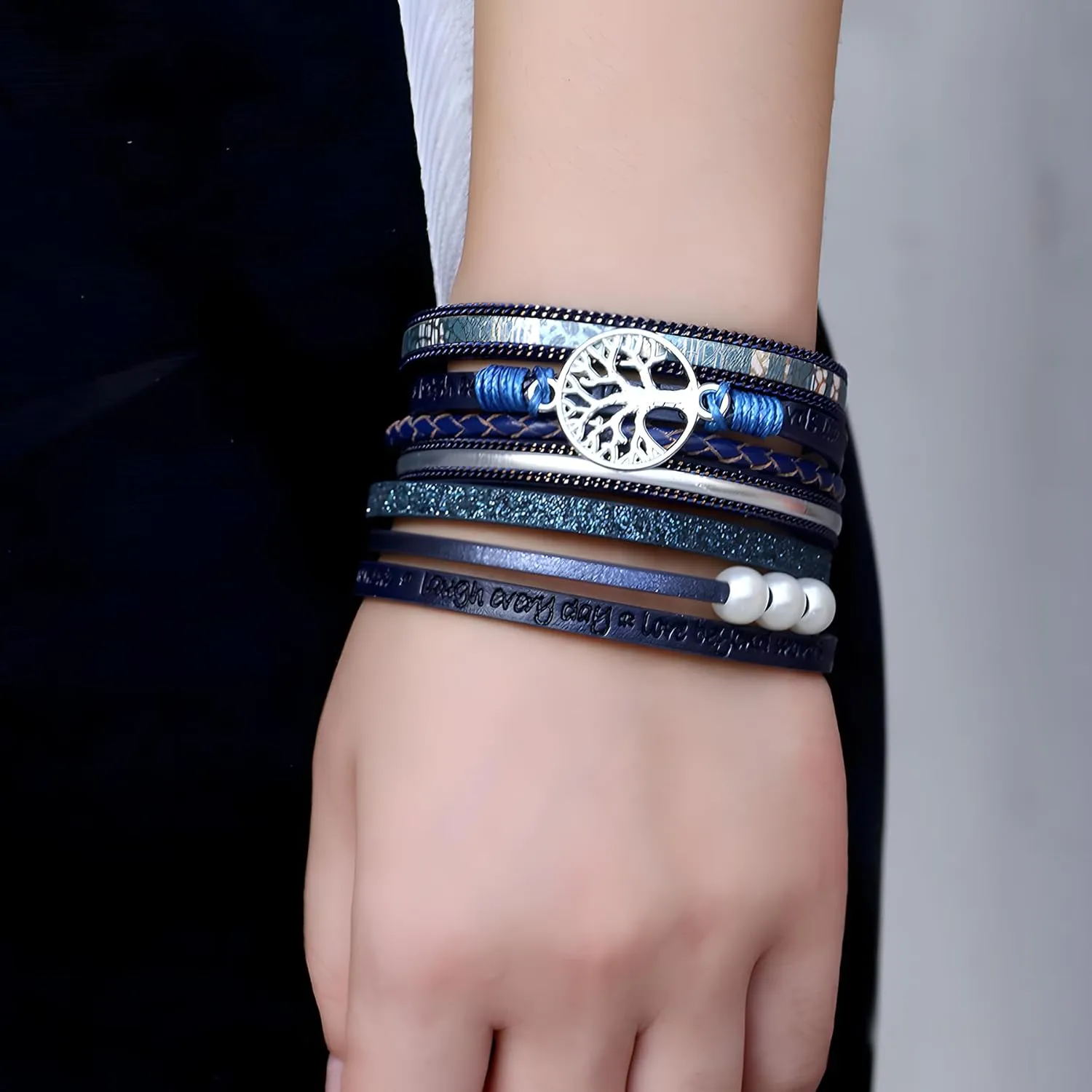 Tree of Life Wrap Bracelet for Women, Multi-Layer Braided Leather Pearl Crystal Beads Boho Cuff Bangle Stackable Bohemian Anniversary Mother's Day Birthday Christmas Jewelry Gifts for Her