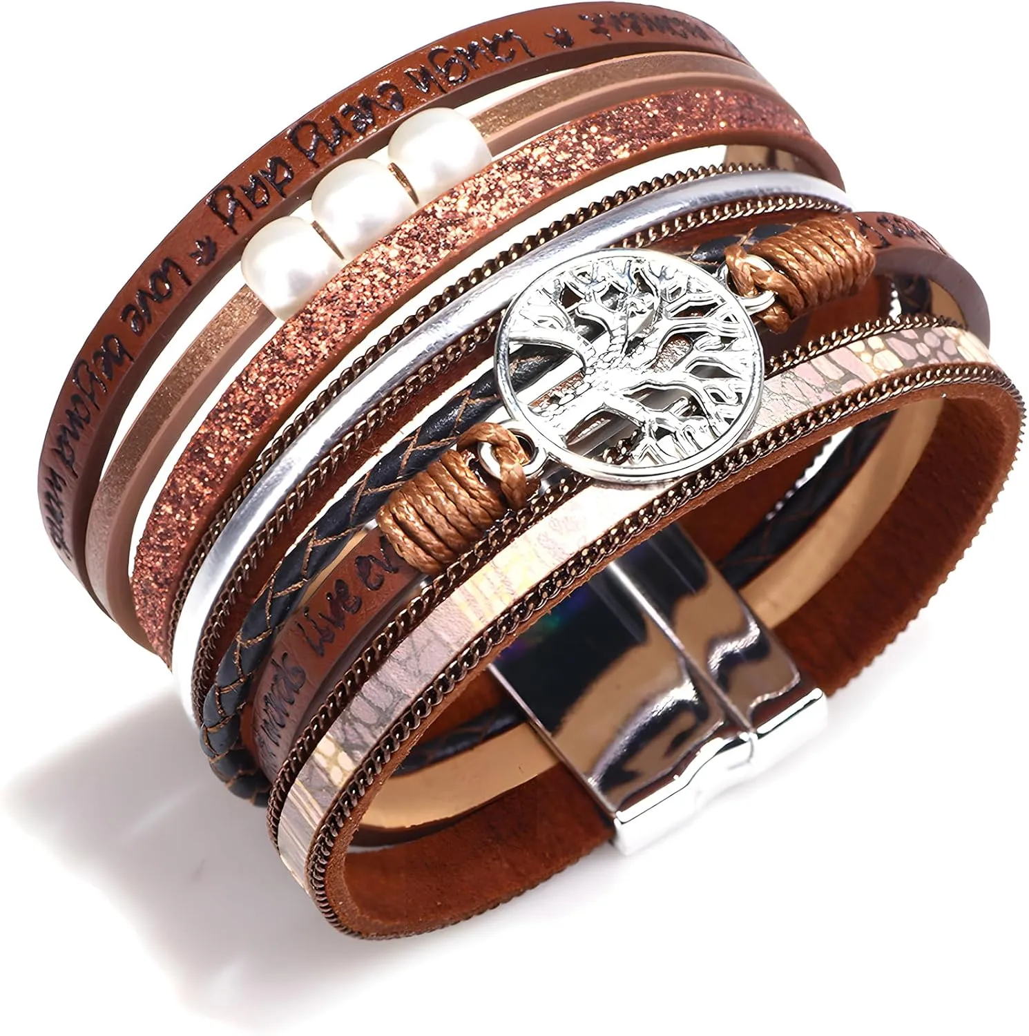 Tree of Life Wrap Bracelet for Women, Multi-Layer Braided Leather Pearl Crystal Beads Boho Cuff Bangle Stackable Bohemian Anniversary Mother's Day Birthday Christmas Jewelry Gifts for Her