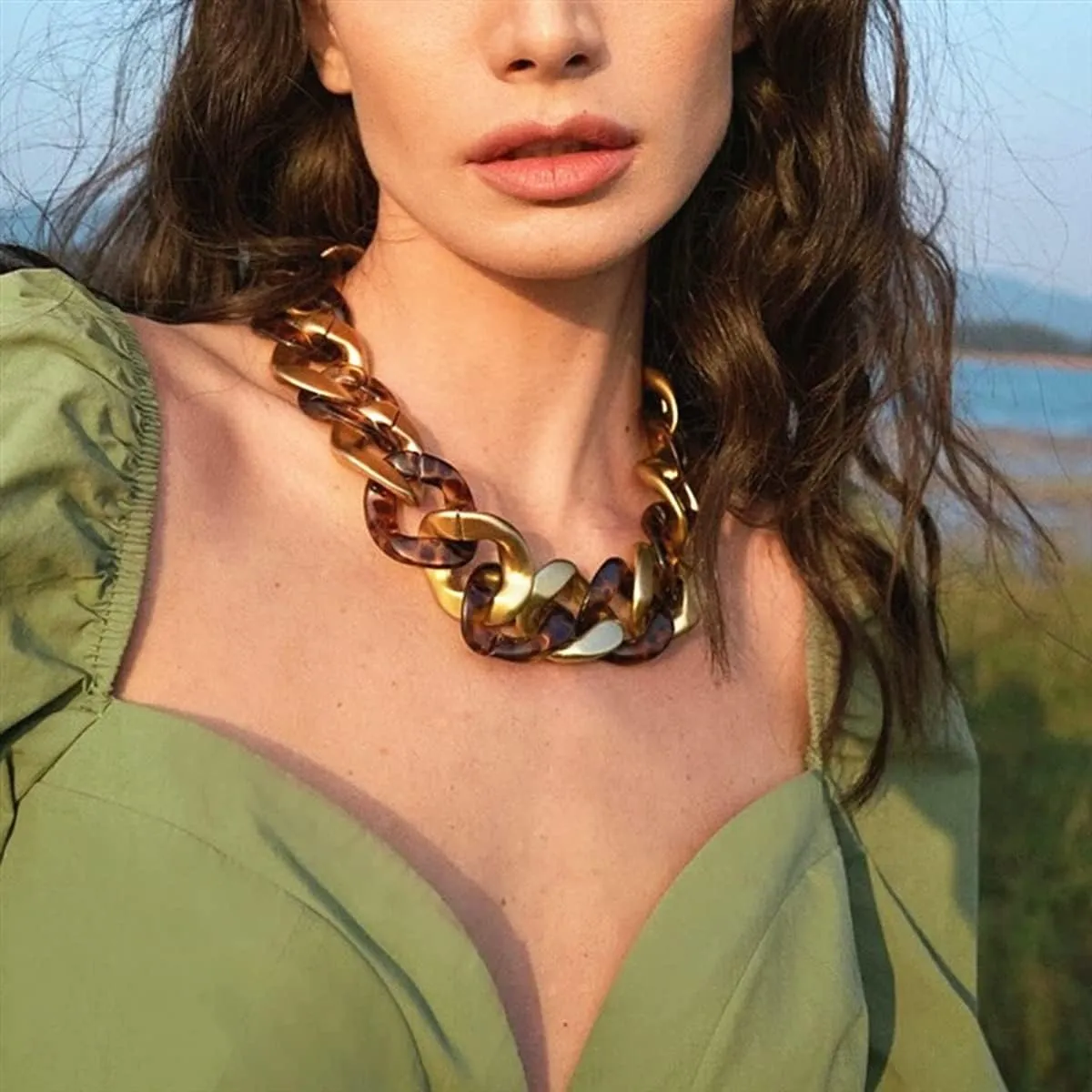 Trendy Chunky Chain Link Choker and Earrings Set,Statement Big Collar Acrylic Necklace and Large Earrings, Resin, No Gemstone