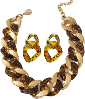 Trendy Chunky Chain Link Choker and Earrings Set,Statement Big Collar Acrylic Necklace and Large Earrings, Resin, No Gemstone