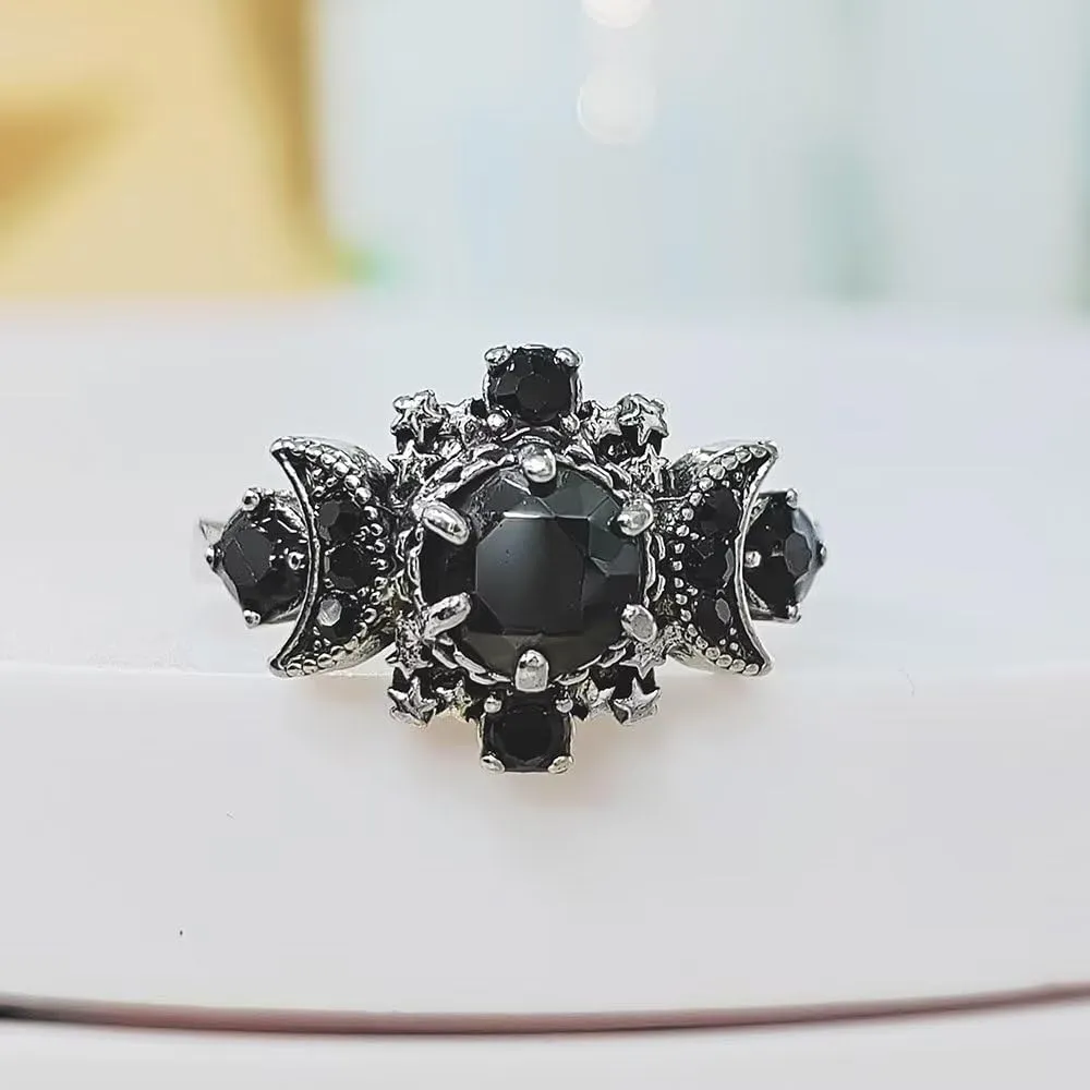 Triple Moon Goddess Ring Set Black Crystal Star Wicca Pagan Cresent For Women Wedding Engagement Wiccan Jewelry