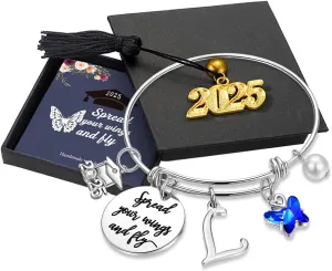 Turandoss Graduation Gifts for Her 2025 - Butterfly Initial Bracelet Inspirational Bangle with 2025 Graduation Grad Cap Mantra Quote Spread Your Wings and Fly Initial Bracelet Jewelry Gifts for Her