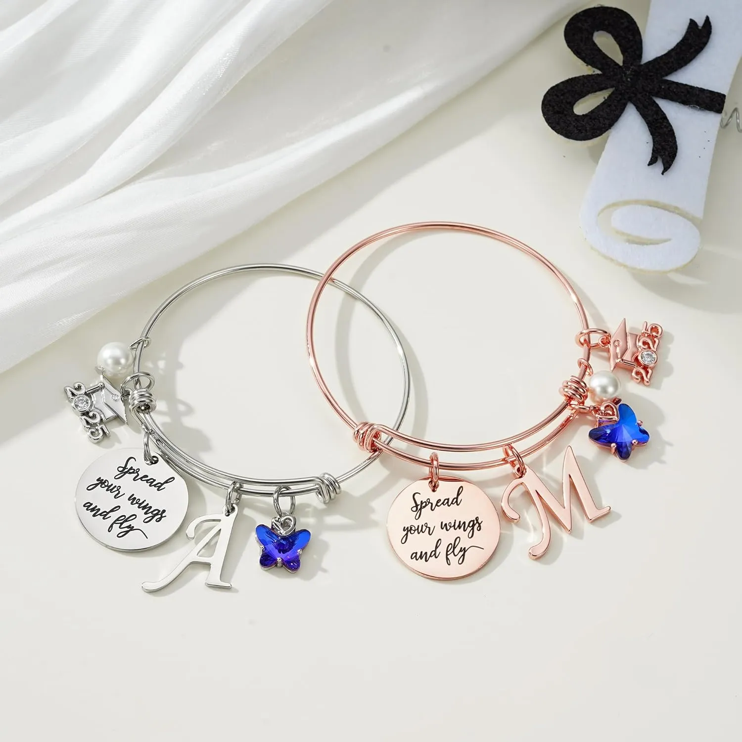 Turandoss Graduation Gifts for Her 2025 - Butterfly Initial Bracelet Inspirational Bangle with 2025 Graduation Grad Cap Mantra Quote Spread Your Wings and Fly Initial Bracelet Jewelry Gifts for Her