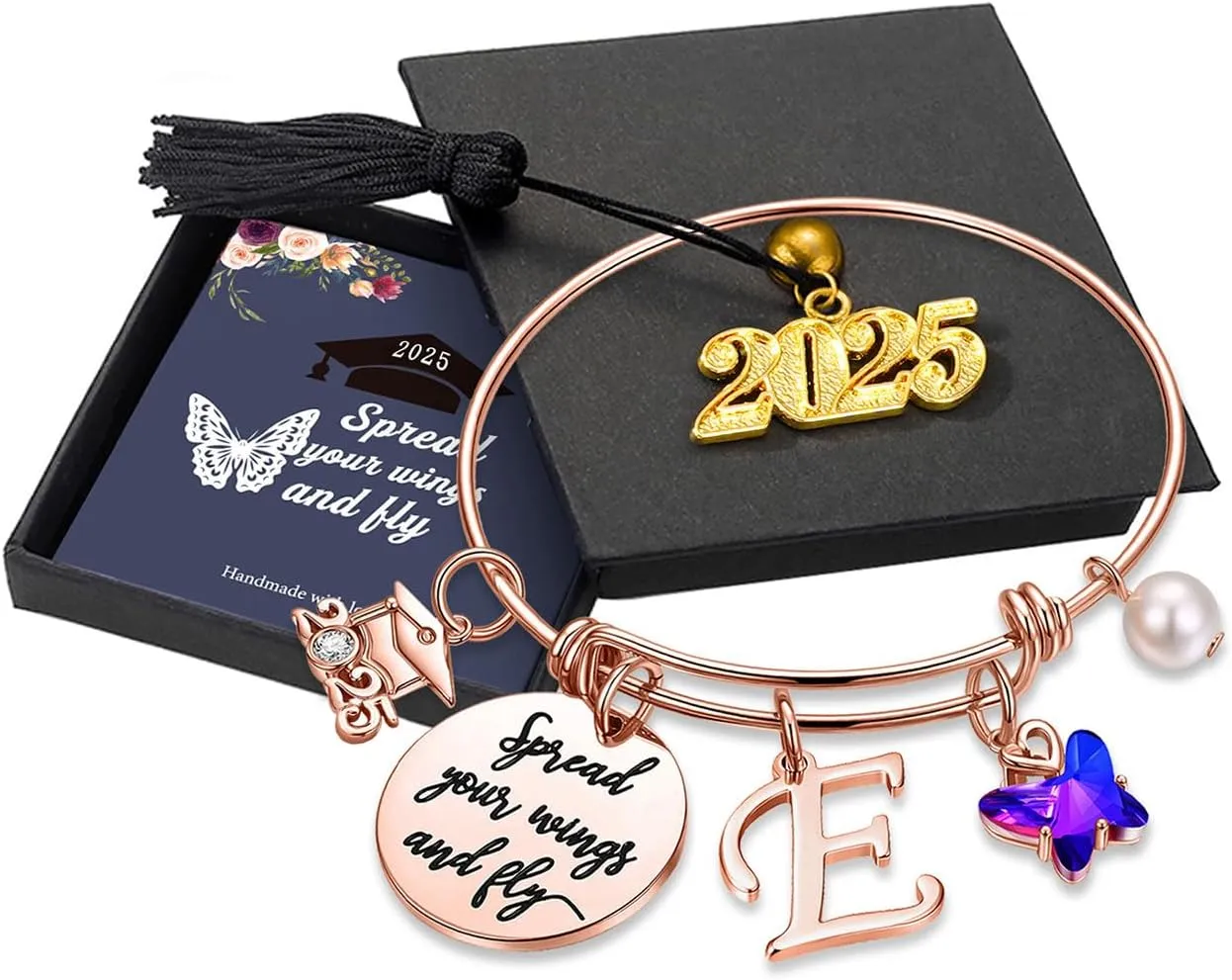 Turandoss Graduation Gifts for Her 2025 - Butterfly Initial Bracelet Inspirational Bangle with 2025 Graduation Grad Cap Mantra Quote Spread Your Wings and Fly Initial Bracelet Jewelry Gifts for Her