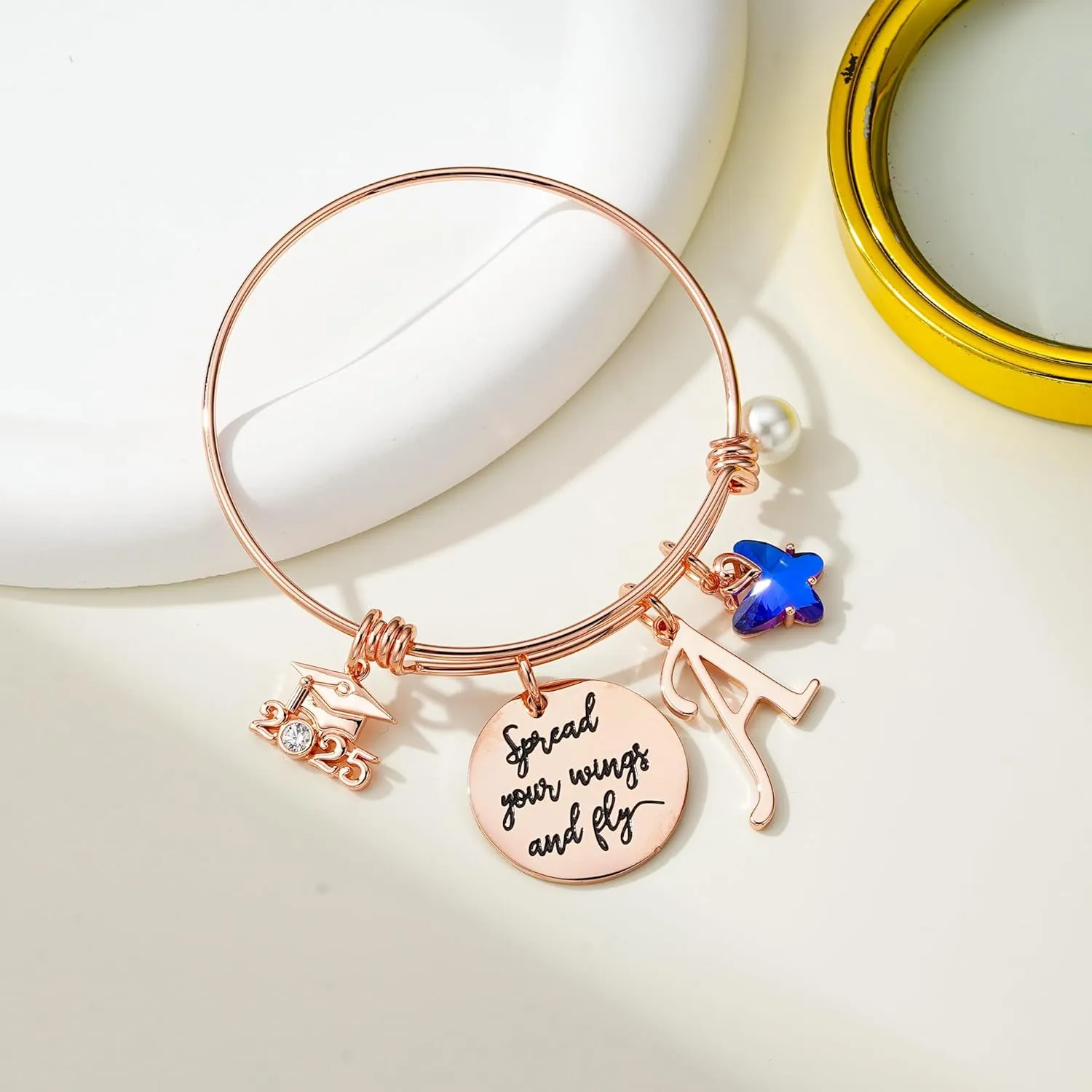 Turandoss Graduation Gifts for Her 2025 - Butterfly Initial Bracelet Inspirational Bangle with 2025 Graduation Grad Cap Mantra Quote Spread Your Wings and Fly Initial Bracelet Jewelry Gifts for Her