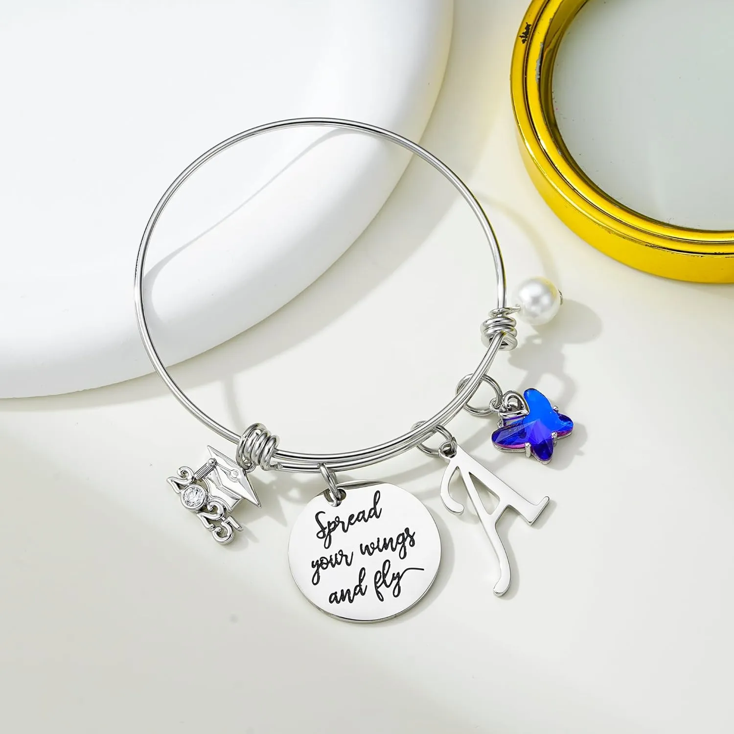 Turandoss Graduation Gifts for Her 2025 - Butterfly Initial Bracelet Inspirational Bangle with 2025 Graduation Grad Cap Mantra Quote Spread Your Wings and Fly Initial Bracelet Jewelry Gifts for Her