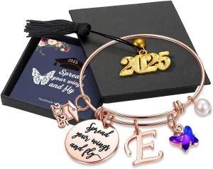 Turandoss Graduation Gifts for Her 2025 - Butterfly Initial Bracelet Inspirational Bangle with 2025 Graduation Grad Cap Mantra Quote Spread Your Wings and Fly Initial Bracelet Jewelry Gifts for Her