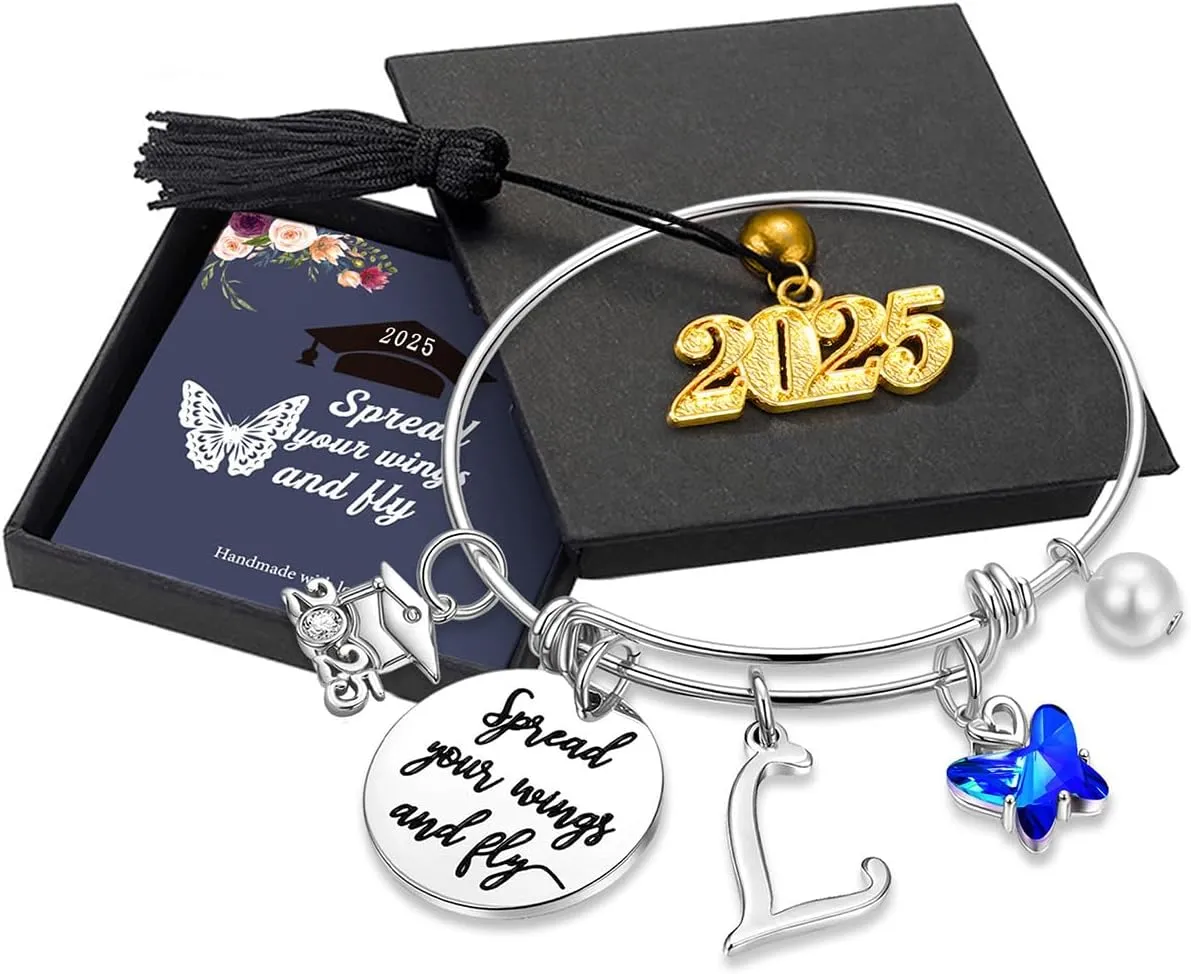 Turandoss Graduation Gifts for Her 2025 - Butterfly Initial Bracelet Inspirational Bangle with 2025 Graduation Grad Cap Mantra Quote Spread Your Wings and Fly Initial Bracelet Jewelry Gifts for Her