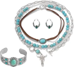 Turquoise Jewelry Set for Women,Bohemian Jewelry Set With 1 Turquoise Rings,1 Pairs Dangle Earrings and 1 Turquoise Necklace Vintage Western Jewelry Gift for Women