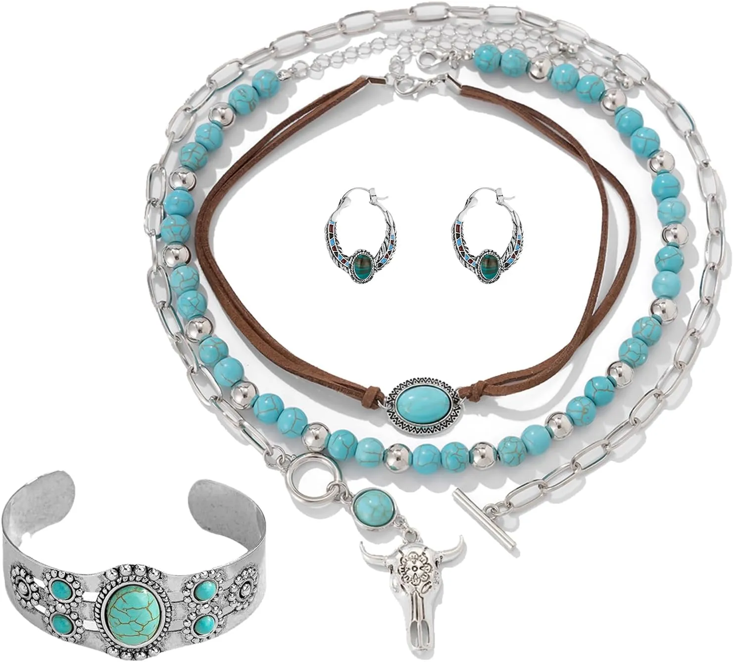 Turquoise Jewelry Set for Women,Bohemian Jewelry Set With 1 Turquoise Rings,1 Pairs Dangle Earrings and 1 Turquoise Necklace Vintage Western Jewelry Gift for Women