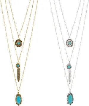 Turquoise Layered Necklace 3 Layer Necklace for Women 2 Colors Multi Layered Turquoise Necklace Vintage Chain Turquoise Stone Flower Metal Feather Pendant Necklace Valentine's Day Gift
