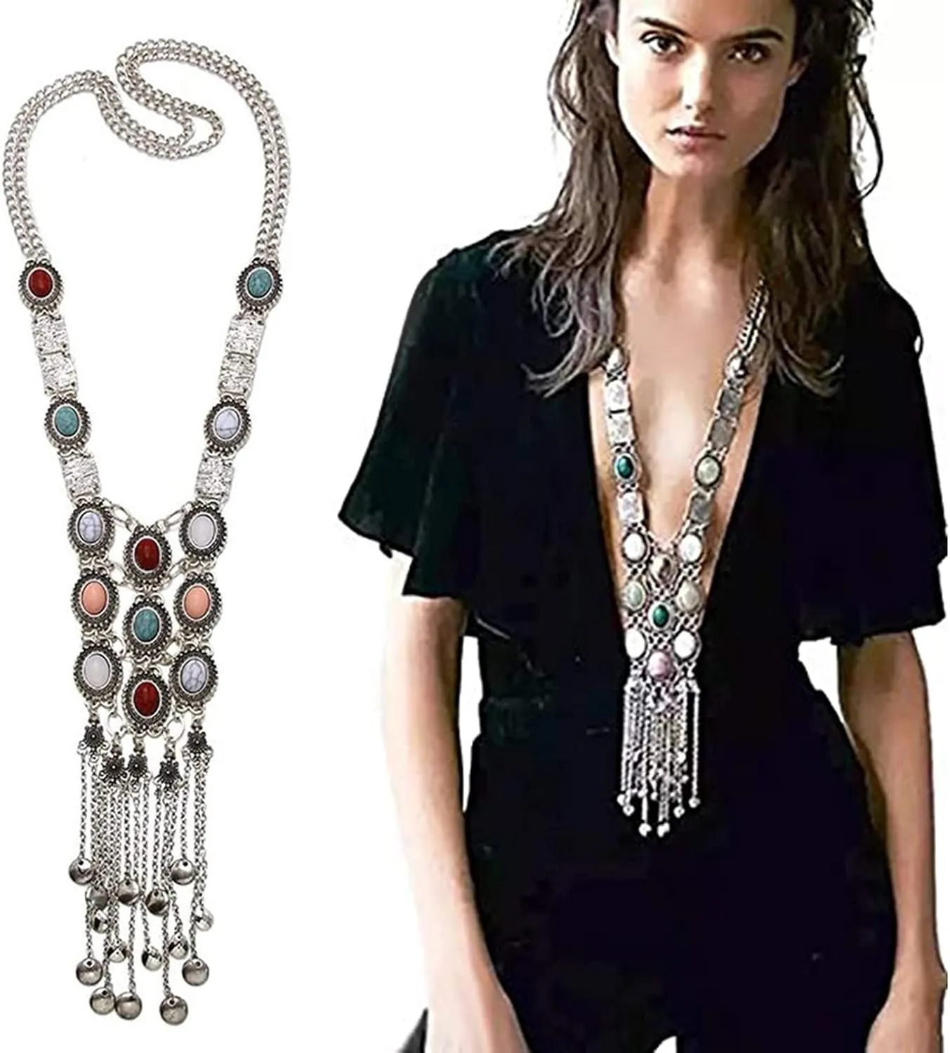 Turquoise Long Boho Bohemian Statement Ethnic Tribal Necklace for Women Vintage Retro Rhinestone (Silver)