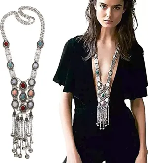 Turquoise Long Boho Bohemian Statement Ethnic Tribal Necklace for Women Vintage Retro Rhinestone (Silver)