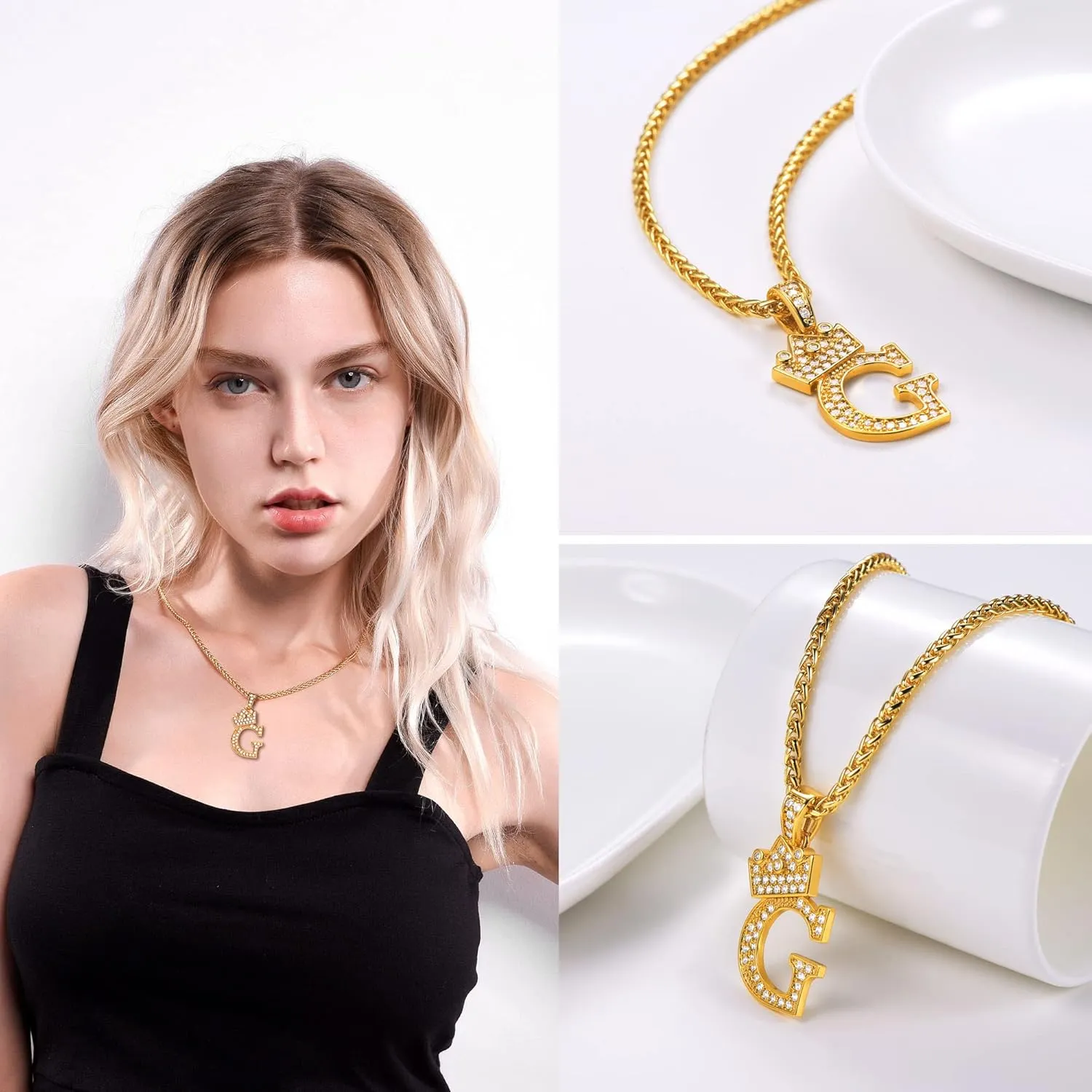 U7 Crown Initial A-Z Necklace, Iced Out Letter Pendant with 22-24 Inch Chain, Men Women Bling Hip Hop Alphabet Name Jewelry Big Initials Necklaces Color Steel,Black,Gold