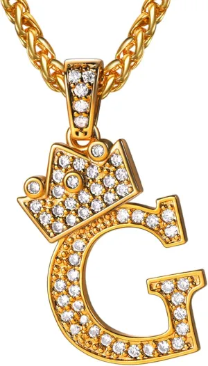 U7 Crown Initial A-Z Necklace, Iced Out Letter Pendant with 22-24 Inch Chain, Men Women Bling Hip Hop Alphabet Name Jewelry Big Initials Necklaces Color Steel,Black,Gold