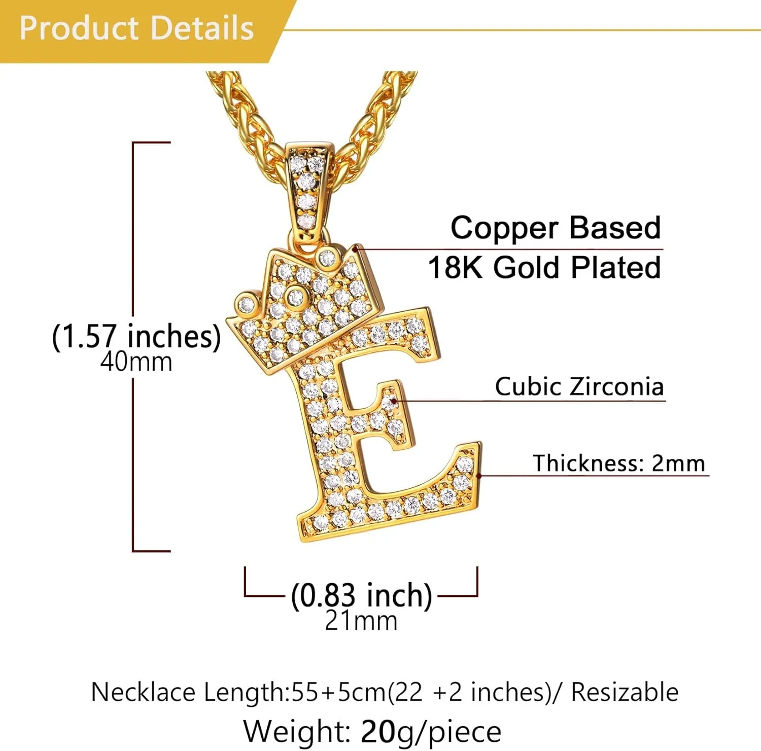 U7 Crown Initial A-Z Necklace, Iced Out Letter Pendant with 22-24 Inch Chain, Men Women Bling Hip Hop Alphabet Name Jewelry Big Initials Necklaces Color Steel,Black,Gold