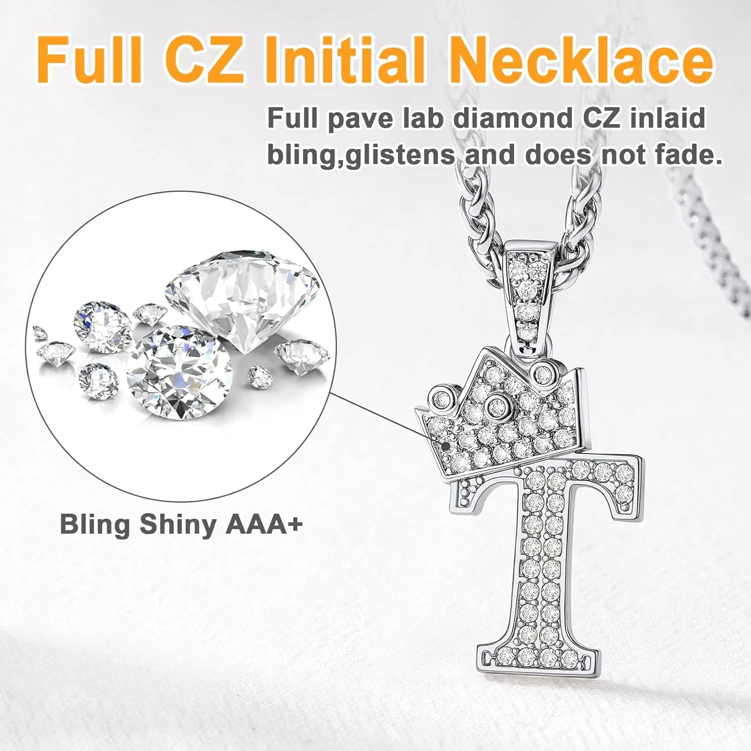 U7 Crown Initial A-Z Necklace, Iced Out Letter Pendant with 22-24 Inch Chain, Men Women Bling Hip Hop Alphabet Name Jewelry Big Initials Necklaces Color Steel,Black,Gold