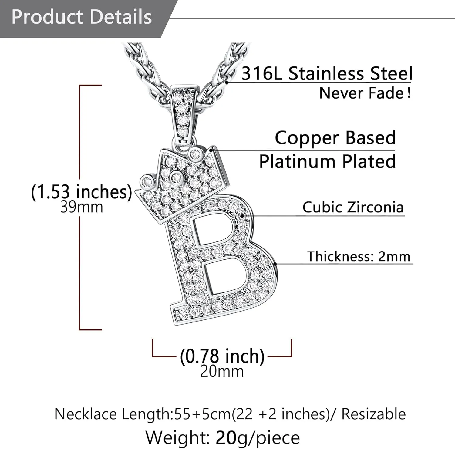 U7 Crown Initial A-Z Necklace, Iced Out Letter Pendant with 22-24 Inch Chain, Men Women Bling Hip Hop Alphabet Name Jewelry Big Initials Necklaces Color Steel,Black,Gold