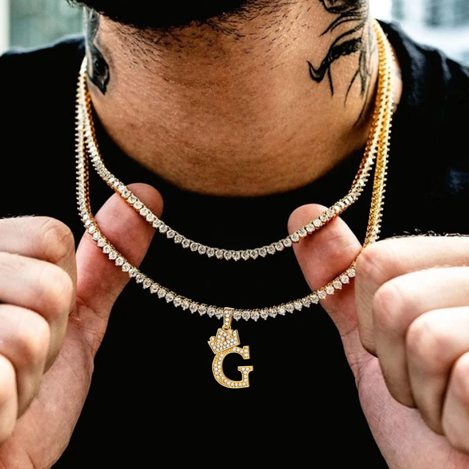 U7 Crown Initial A-Z Necklace, Iced Out Letter Pendant with 22-24 Inch Chain, Men Women Bling Hip Hop Alphabet Name Jewelry Big Initials Necklaces Color Steel,Black,Gold