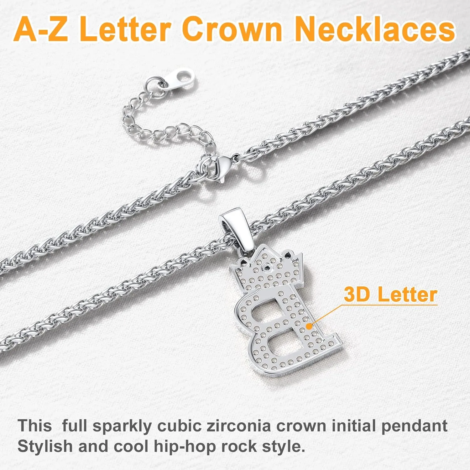 U7 Crown Initial A-Z Necklace, Iced Out Letter Pendant with 22-24 Inch Chain, Men Women Bling Hip Hop Alphabet Name Jewelry Big Initials Necklaces Color Steel,Black,Gold