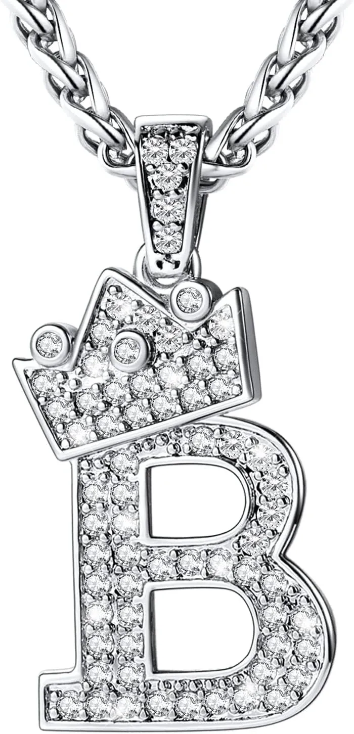 U7 Crown Initial A-Z Necklace, Iced Out Letter Pendant with 22-24 Inch Chain, Men Women Bling Hip Hop Alphabet Name Jewelry Big Initials Necklaces Color Steel,Black,Gold