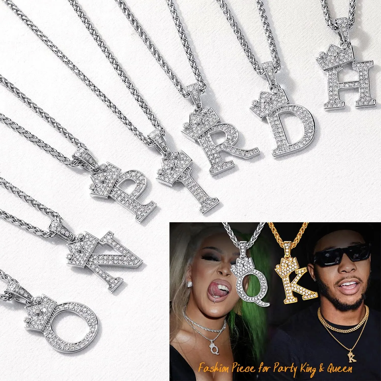 U7 Crown Initial A-Z Necklace, Iced Out Letter Pendant with 22-24 Inch Chain, Men Women Bling Hip Hop Alphabet Name Jewelry Big Initials Necklaces Color Steel,Black,Gold