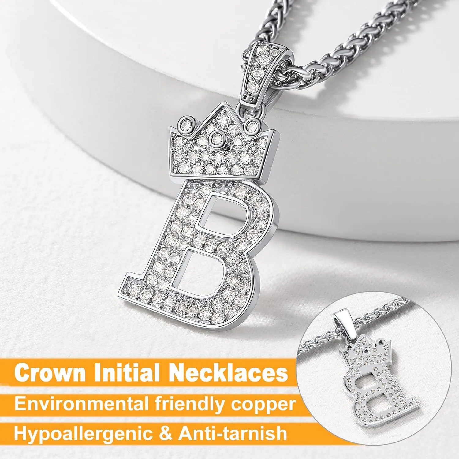 U7 Crown Initial A-Z Necklace, Iced Out Letter Pendant with 22-24 Inch Chain, Men Women Bling Hip Hop Alphabet Name Jewelry Big Initials Necklaces Color Steel,Black,Gold