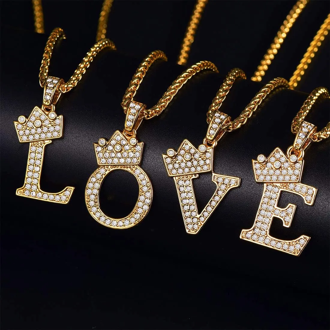 U7 Crown Initial A-Z Necklace, Iced Out Letter Pendant with 22-24 Inch Chain, Men Women Bling Hip Hop Alphabet Name Jewelry Big Initials Necklaces Color Steel,Black,Gold