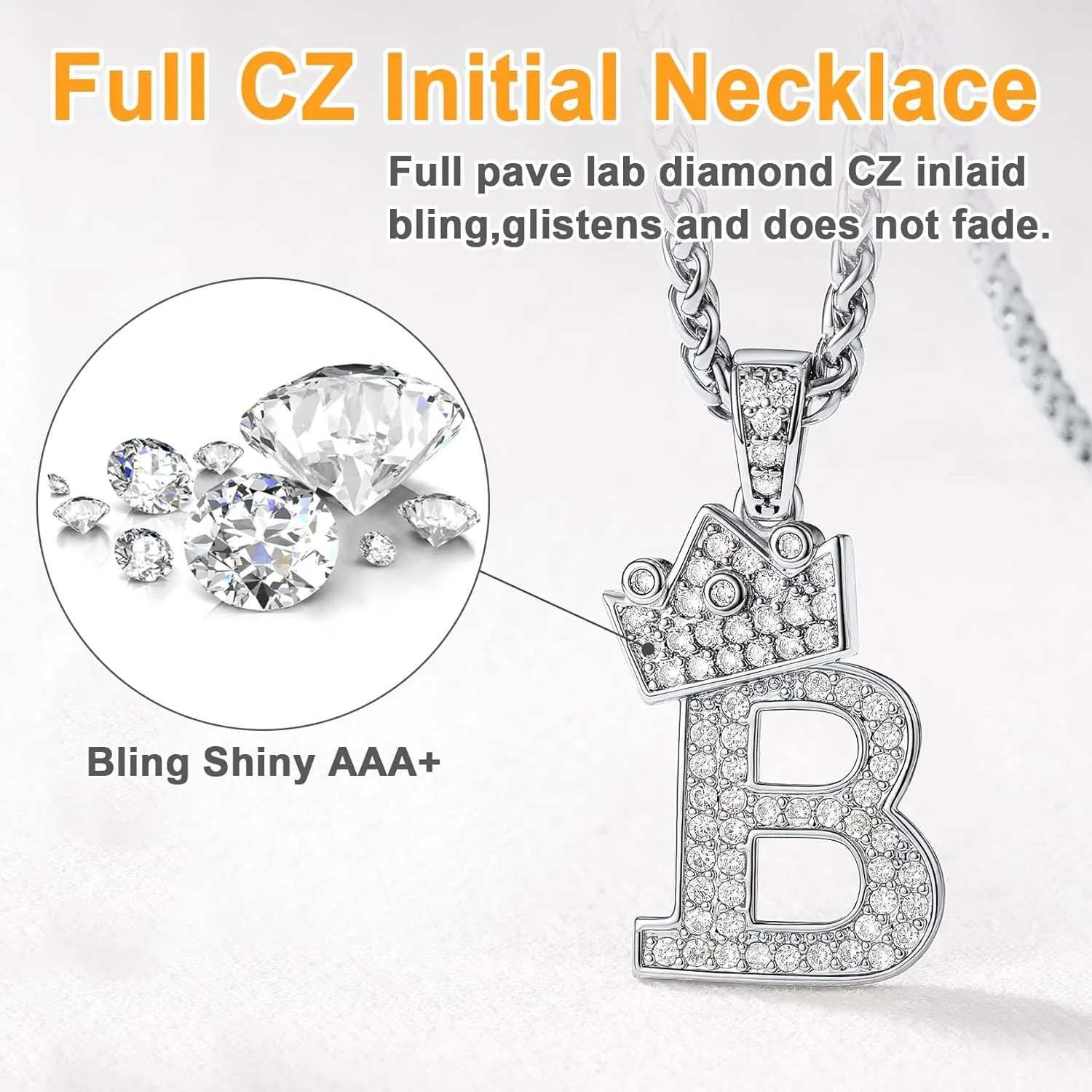 U7 Crown Initial A-Z Necklace, Iced Out Letter Pendant with 22-24 Inch Chain, Men Women Bling Hip Hop Alphabet Name Jewelry Big Initials Necklaces Color Steel,Black,Gold