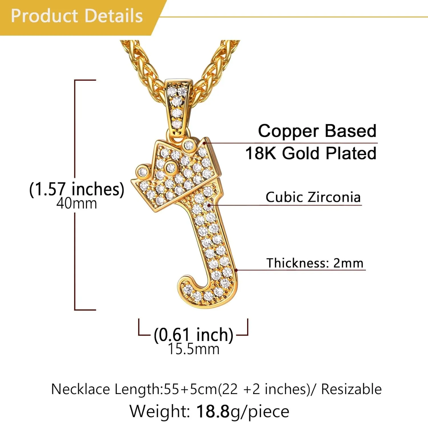 U7 Crown Initial A-Z Necklace, Iced Out Letter Pendant with 22-24 Inch Chain, Men Women Bling Hip Hop Alphabet Name Jewelry Big Initials Necklaces Color Steel,Black,Gold