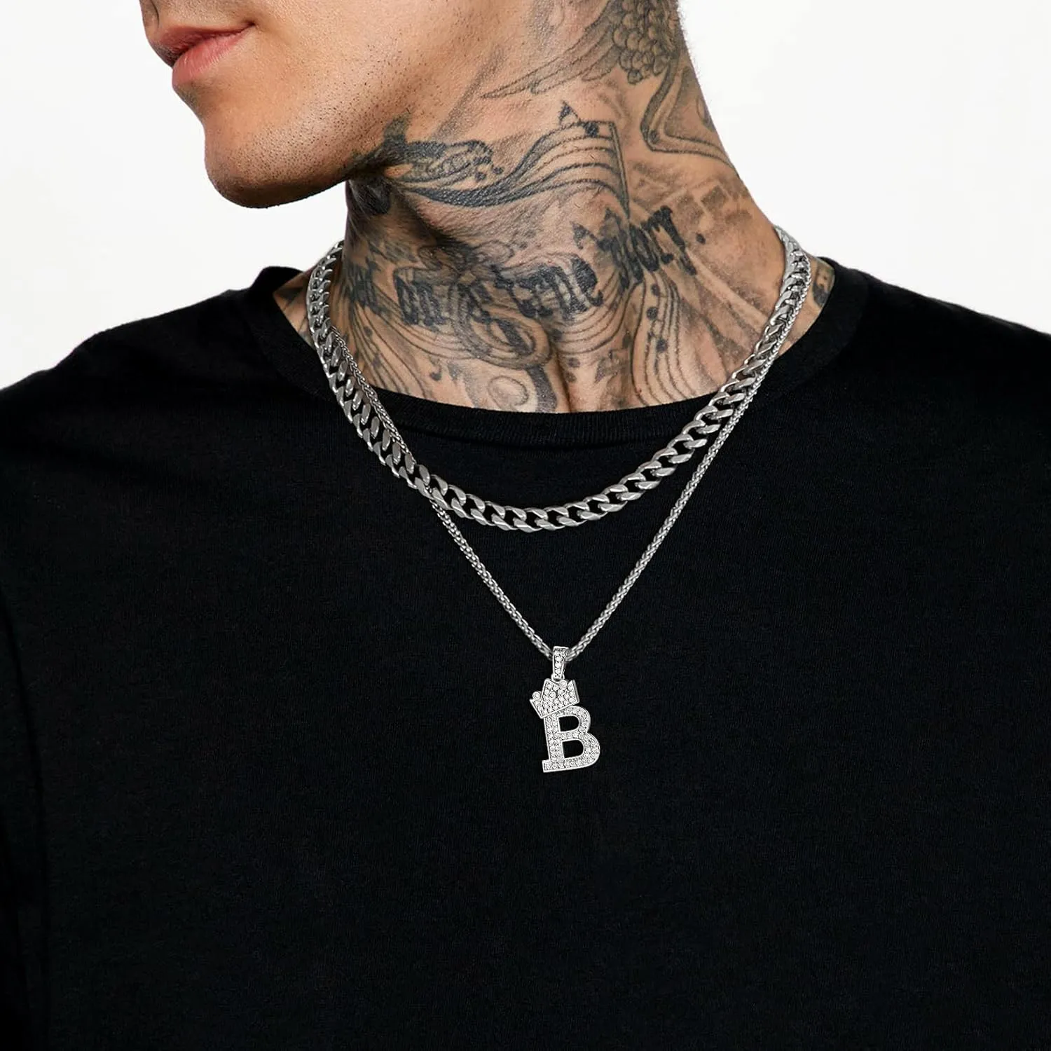U7 Crown Initial A-Z Necklace, Iced Out Letter Pendant with 22-24 Inch Chain, Men Women Bling Hip Hop Alphabet Name Jewelry Big Initials Necklaces Color Steel,Black,Gold