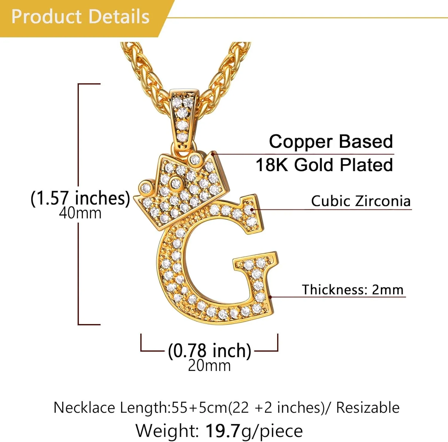 U7 Crown Initial A-Z Necklace, Iced Out Letter Pendant with 22-24 Inch Chain, Men Women Bling Hip Hop Alphabet Name Jewelry Big Initials Necklaces Color Steel,Black,Gold