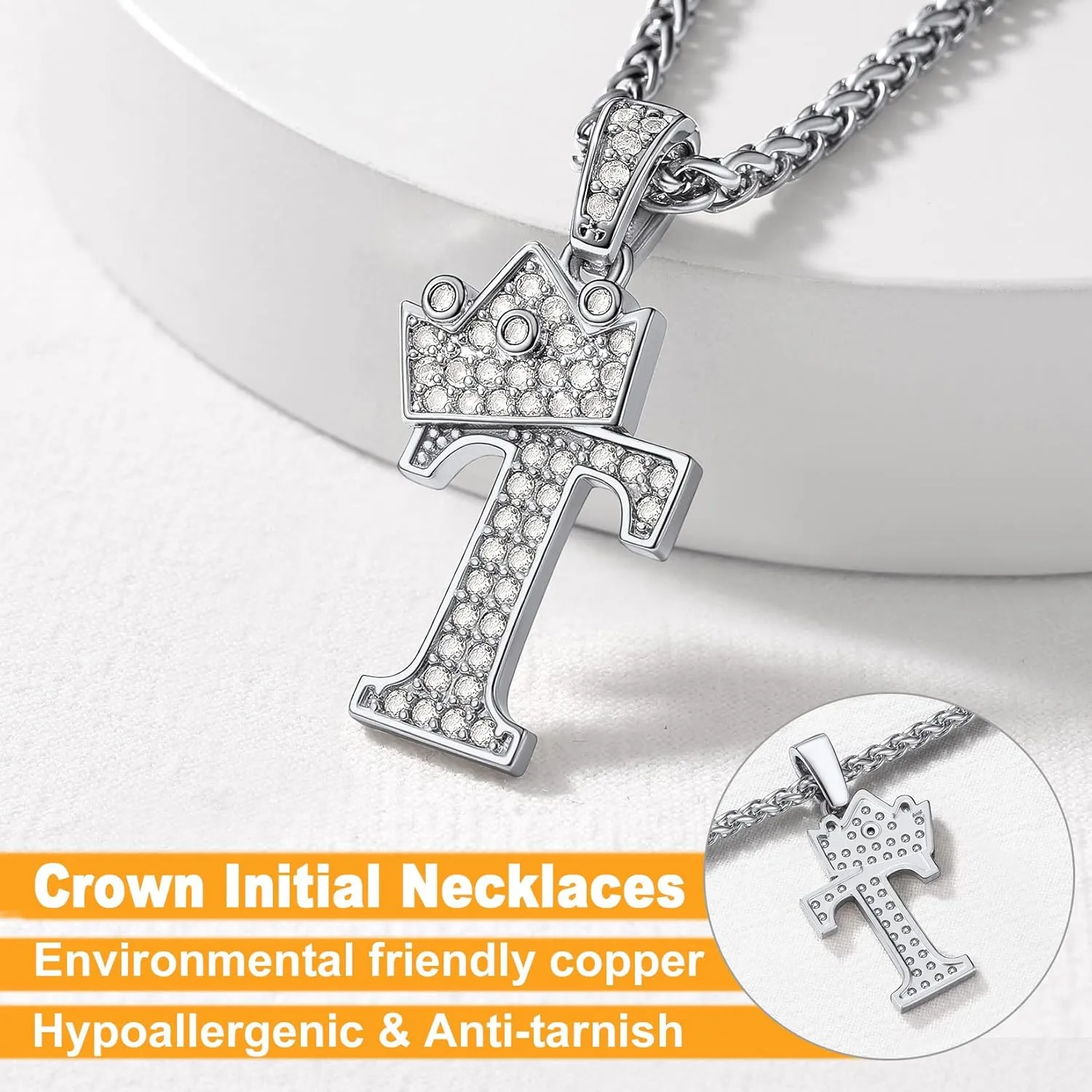 U7 Crown Initial A-Z Necklace, Iced Out Letter Pendant with 22-24 Inch Chain, Men Women Bling Hip Hop Alphabet Name Jewelry Big Initials Necklaces Color Steel,Black,Gold