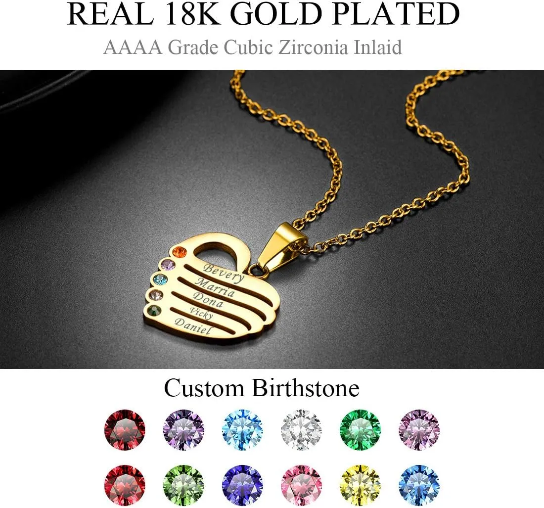 U7 Custom Name Necklace Heart Pendant with 1-5 Names and Birthstone 925 Sterling Silver 18K Gold Plated Personalized Name Plate Birth Stone Necklaces BFF Family Necklace