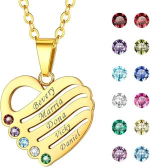 U7 Custom Name Necklace Heart Pendant with 1-5 Names and Birthstone 925 Sterling Silver 18K Gold Plated Personalized Name Plate Birth Stone Necklaces BFF Family Necklace