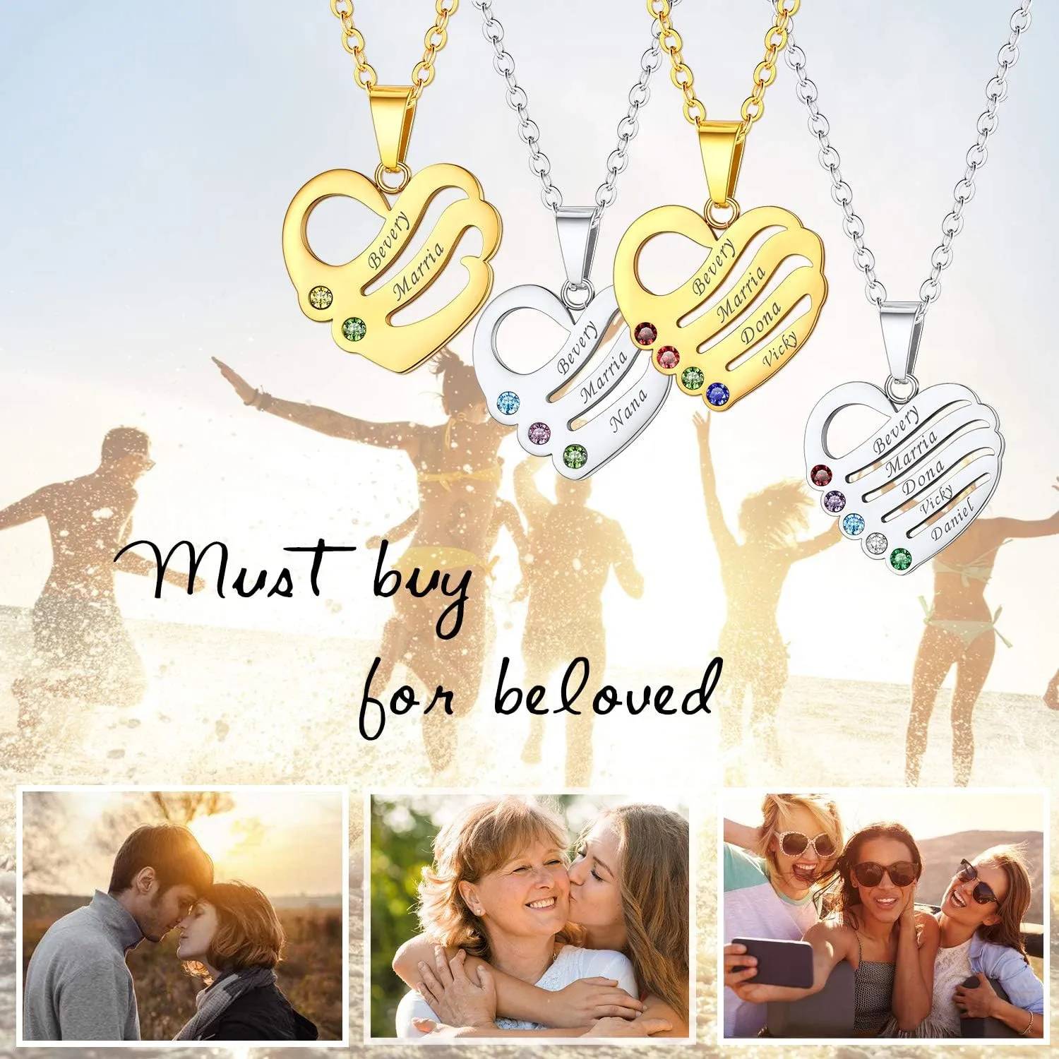 U7 Custom Name Necklace Heart Pendant with 1-5 Names and Birthstone 925 Sterling Silver 18K Gold Plated Personalized Name Plate Birth Stone Necklaces BFF Family Necklace