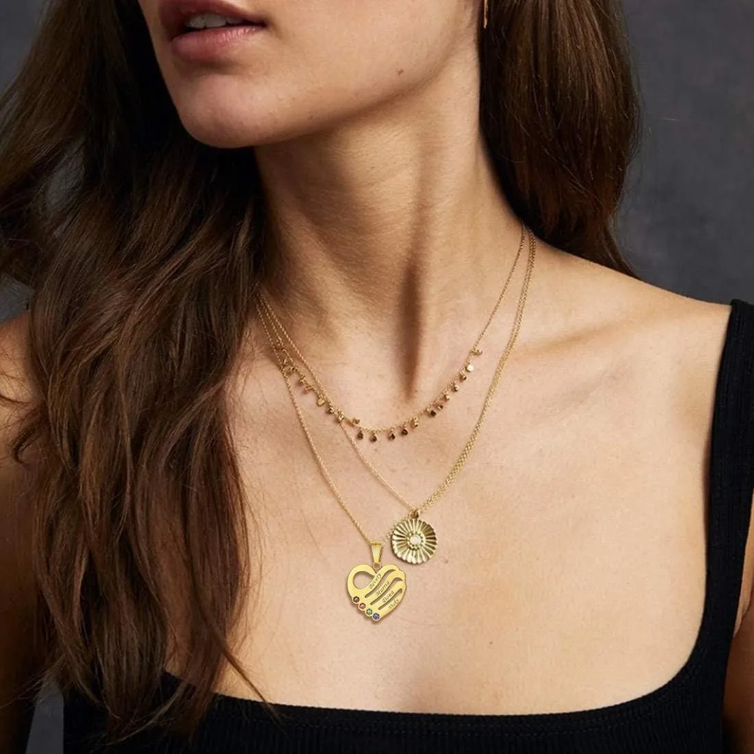 U7 Custom Name Necklace Heart Pendant with 1-5 Names and Birthstone 925 Sterling Silver 18K Gold Plated Personalized Name Plate Birth Stone Necklaces BFF Family Necklace