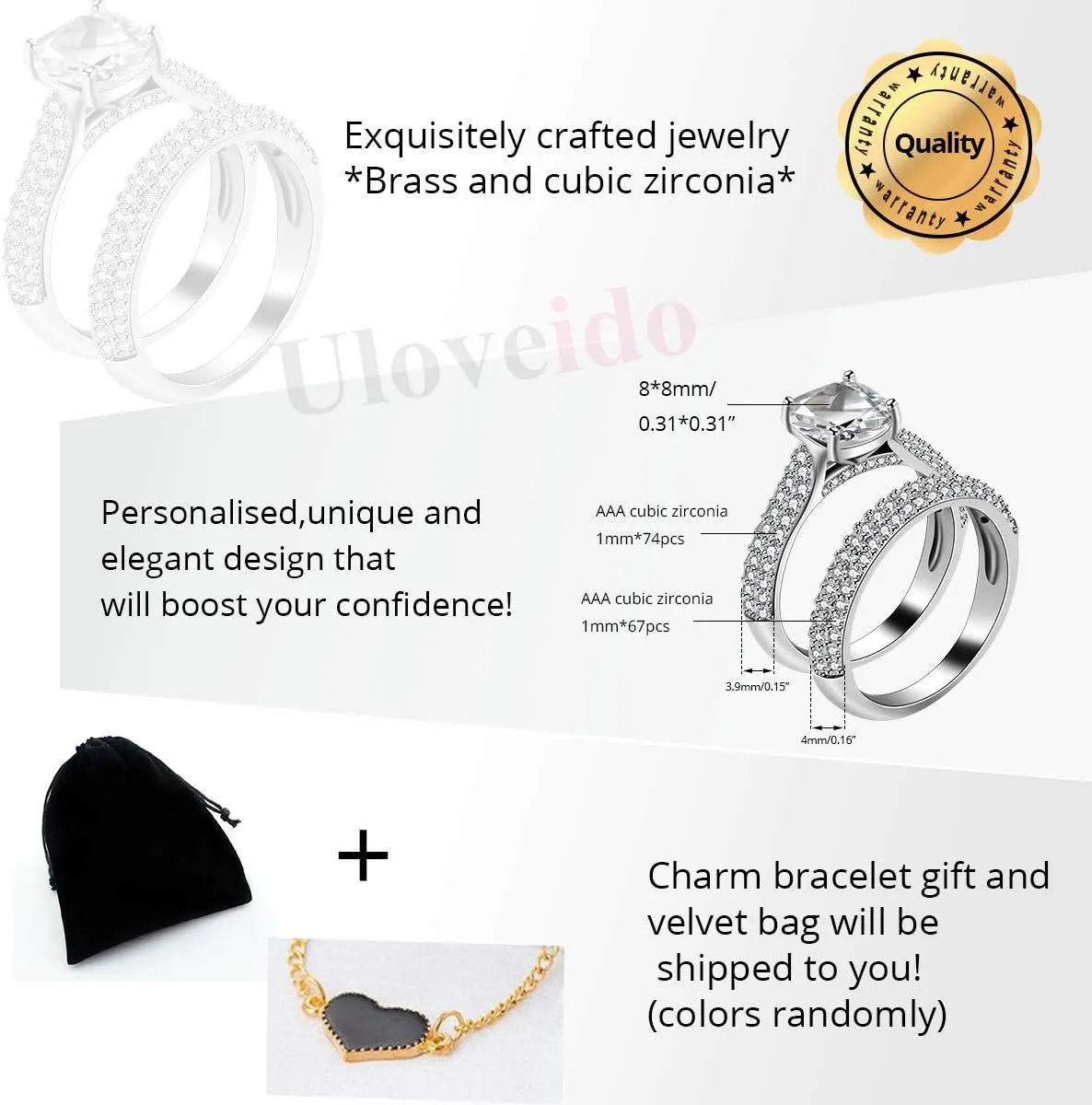 Uloveido 2 PCS Platinum Plated Square Zirconia Cushion Halo Engagement Wedding Ring Set for Women Y591